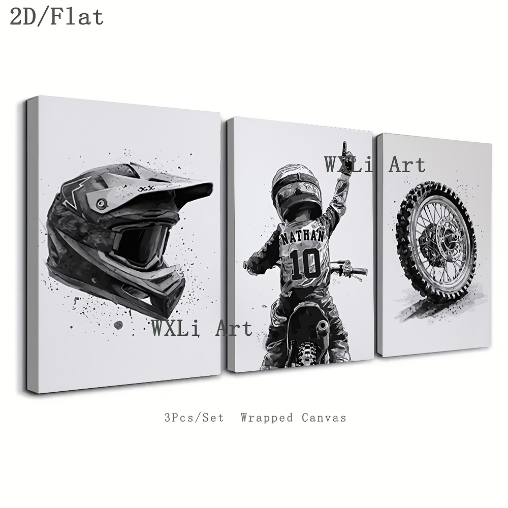 TEMU 2d Flat, 2d/flat Set Of 3 Personalized Off-road Motorcycle Printing, Customized Name/number, Off-road Motorcycle Wall Decoration, Living Room,