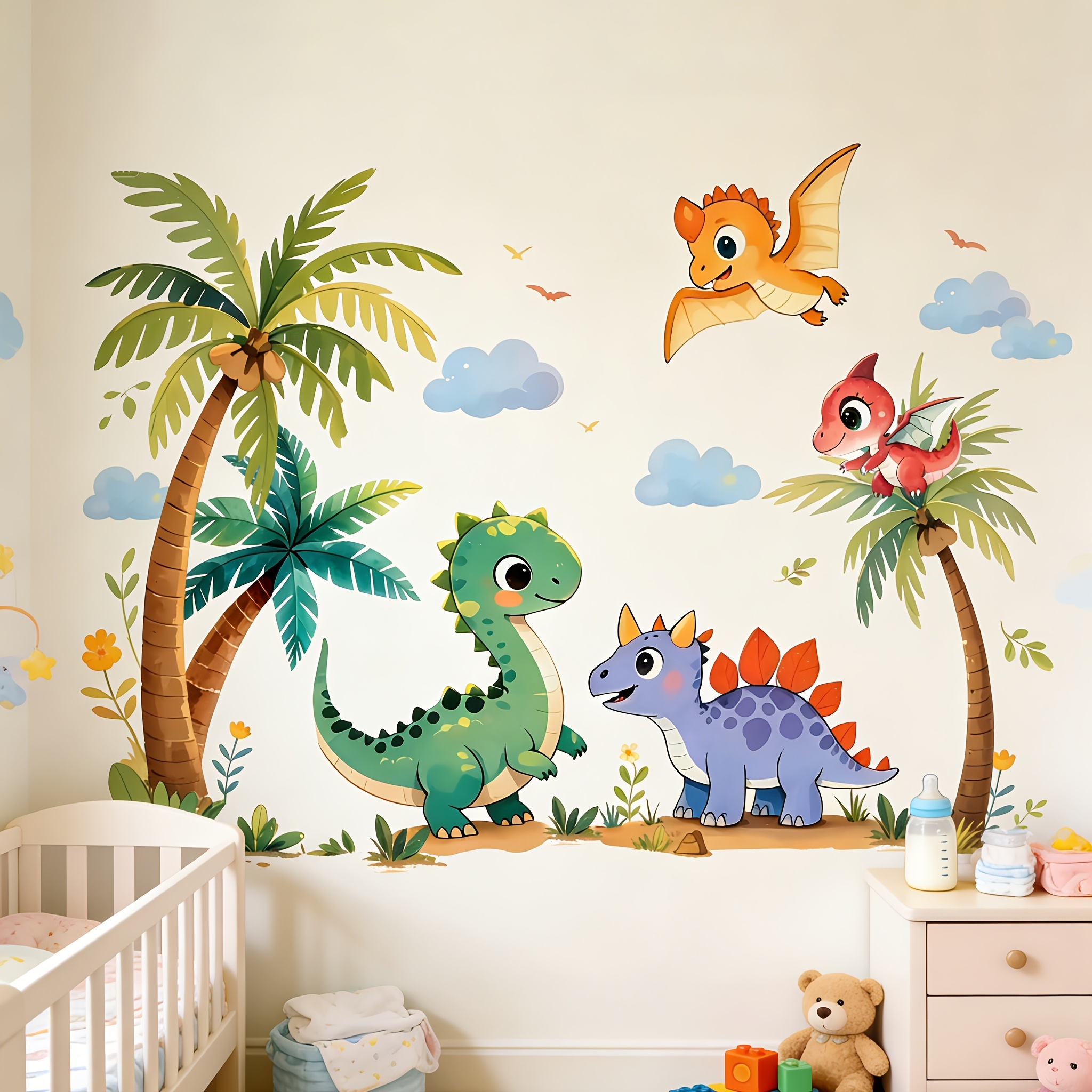 Image of Dinosaur Theme Nursery Wall Decals Self-adhesive Cartoon Door Stickers For Children's Room Bedroom Classroom Decor Background Wall Art