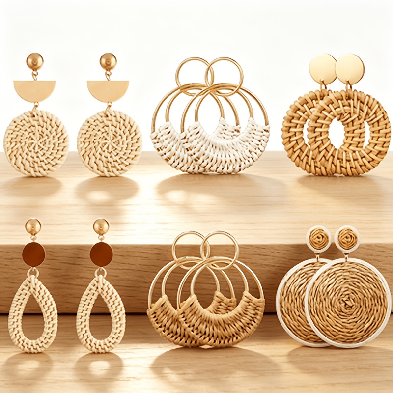 Image of 6 Pairs Bohemian-style Rattan Earrings, Perfect For Daily Summer Wear, Casual Vacations And Seaside Trips, And An Ideal Gift Option