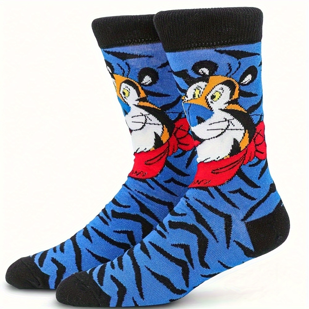 

1 Pair Men's Novelty Cartoon Tiger Kitty Cartoon Mid-calf Socks, Autumn Winter Warm Comfortable Outdoor Sports Socks, 95% Polyester 5% Spandex, Hand Wash Only, Animal Pattern Knit Fabric