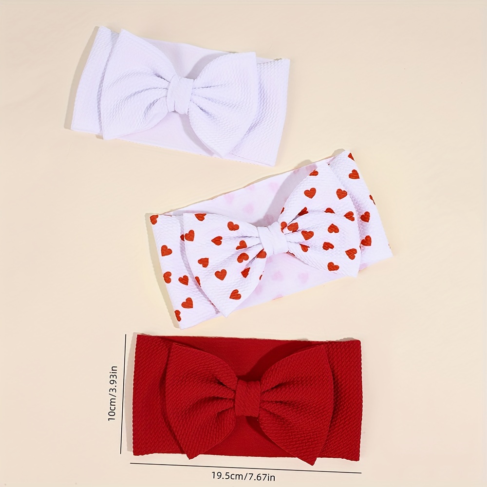 Image of 3pcs Elegant Love Heart Bow Headbands For Dia Dos Namorados Corn Grain And Heart Print Bow Headbands Soft Wide Bow Headbands Hair Additions For Valentine's Day