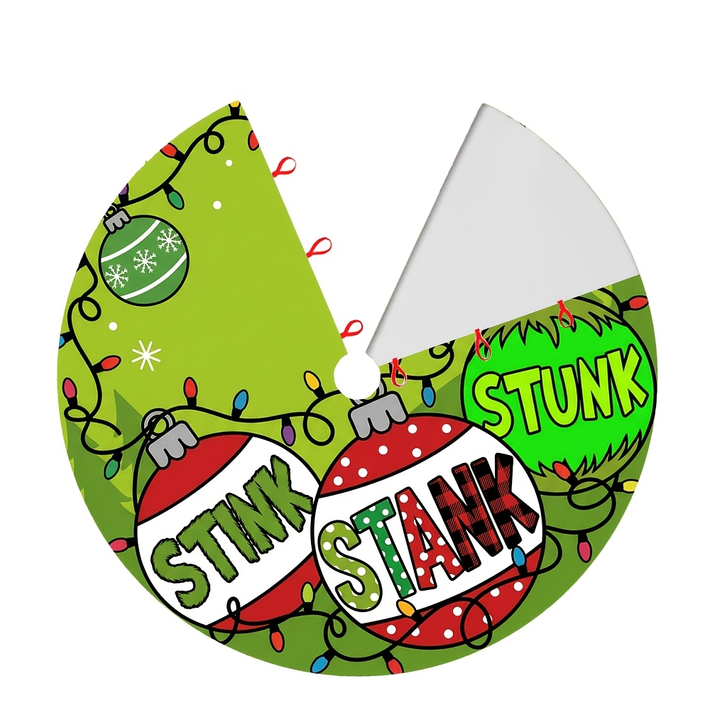 TEMU 1pc Graphic Whimsical Christmas Theme Tree Skirt "stink " Ornament Garland White Drawstring Closure, Round For Christmas Tree, And Home Holiday