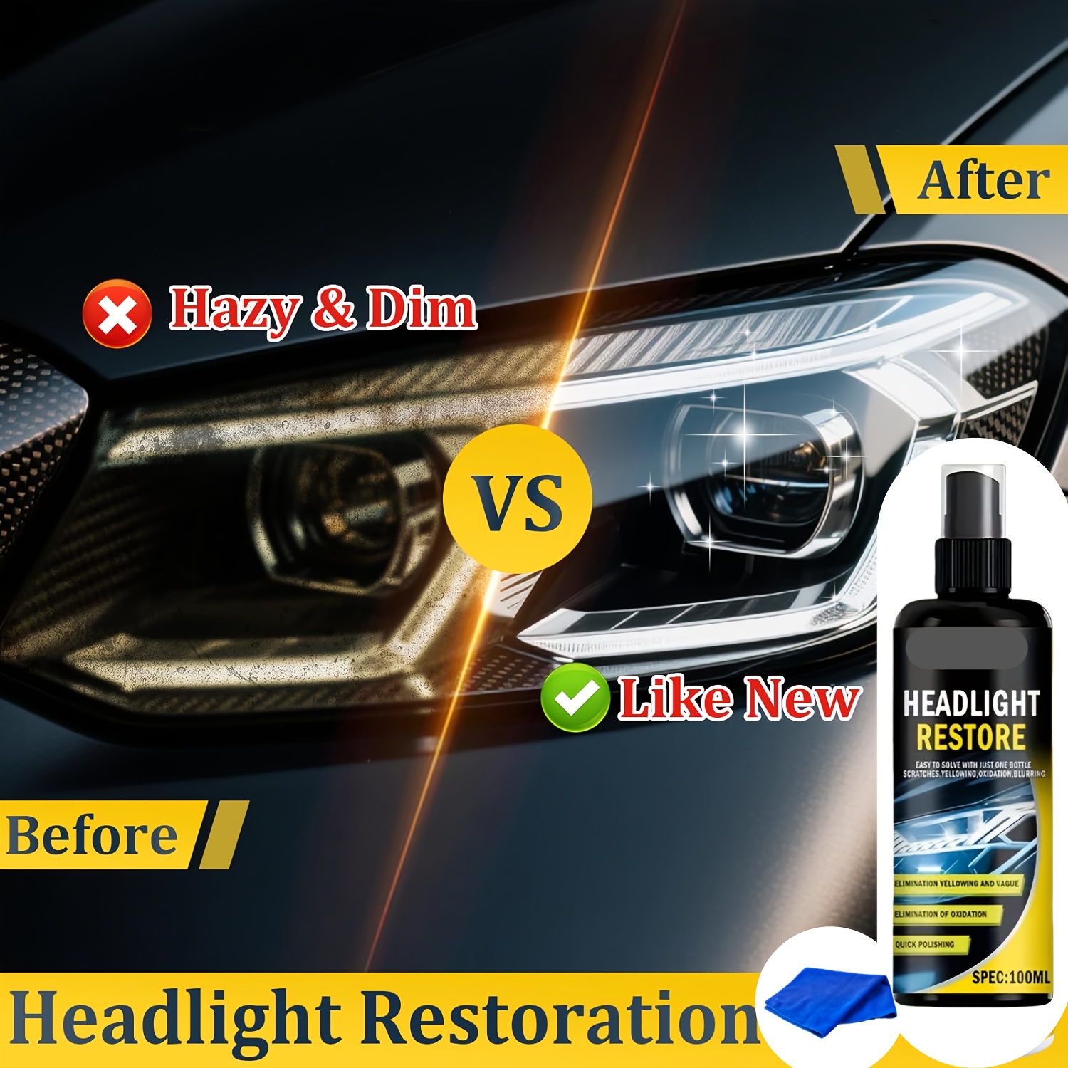 TEMU Car Headlight Restoration Polishing Kit - Professional Headlight Cleaner & Scratch Remover, Uv Protection, For , Yellowed, Faded Headlights, Restores Clear Minutes
