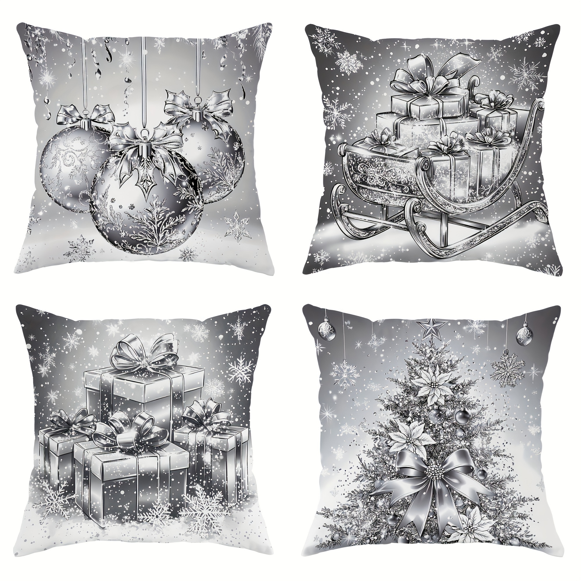 

4pcs Christmas , Silvery Printed Christmas , , And , Washable, 18x18 - Suitable For , Car, Bedroom, Sofa, And -