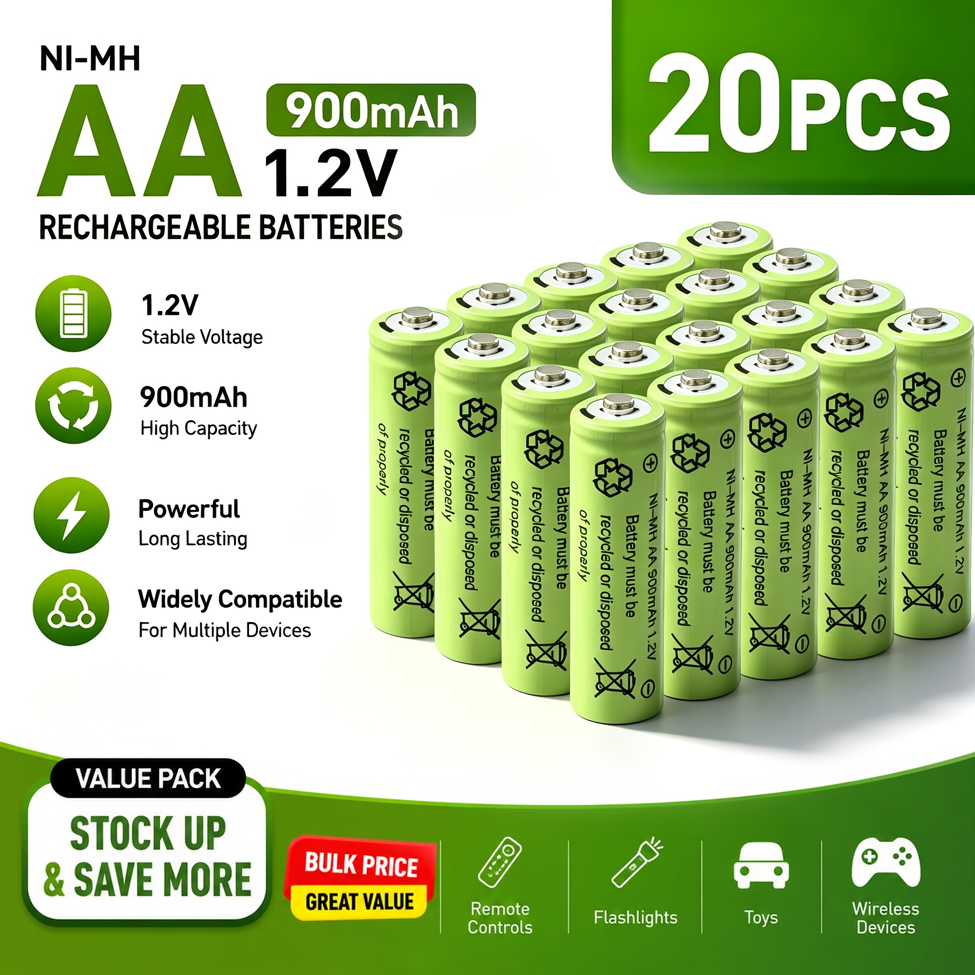 TEMU Lot de 20/10 piles AA 900 mAh Ni-MH rechargeables, stockage , très grande valeur, jusqu'à 1000 cycles, alimentation stable pour horloge