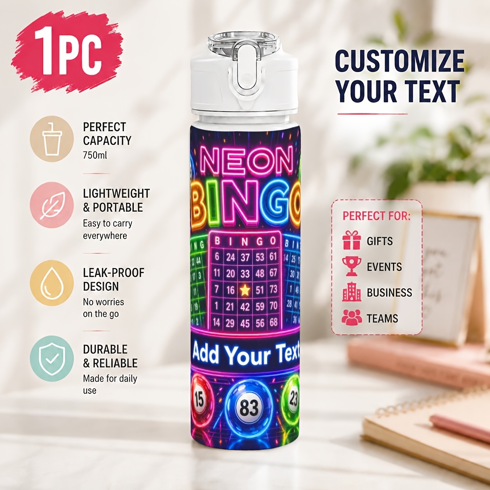 TEMU 1pc Personalized, Neon Bingo Plastic Car Water Bottle, Custom Name, Thoughtful Gift, 750ml Sports Cup With Leak-resistant Lid, Easy-clean Mouth,