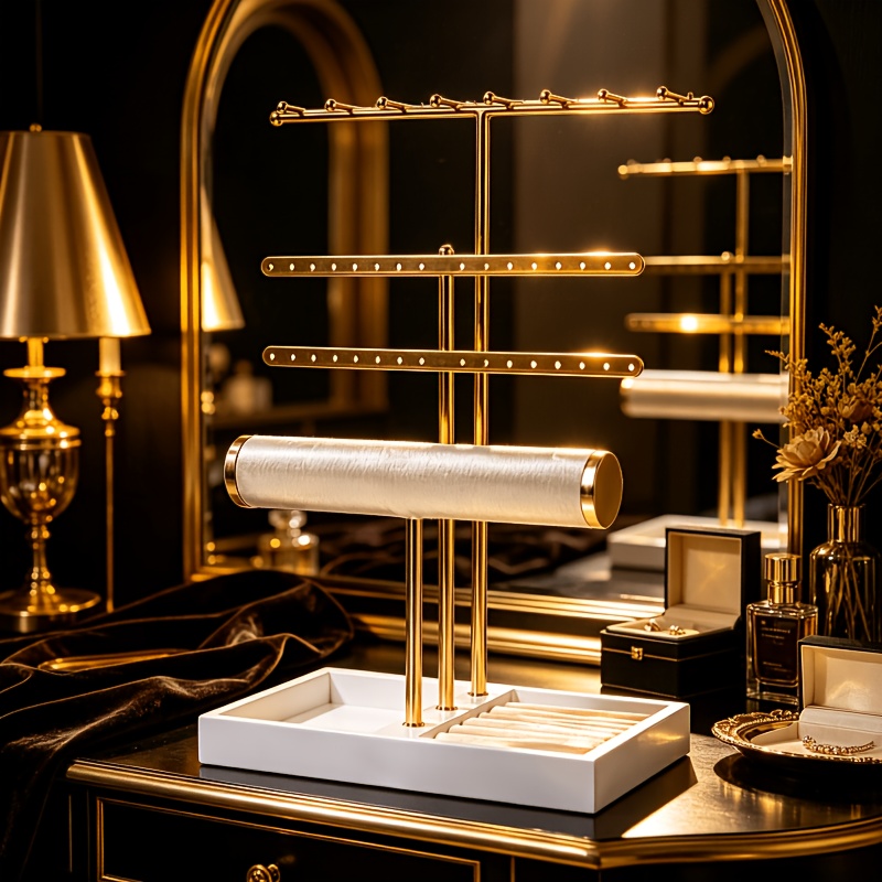 TEMU Golden Jewelry Display Stand Suitable For Rings, Earrings, Watches, Bracelets & Necklaces - Elegant Multi-tier Jewelry Tower With Sturdy Base,