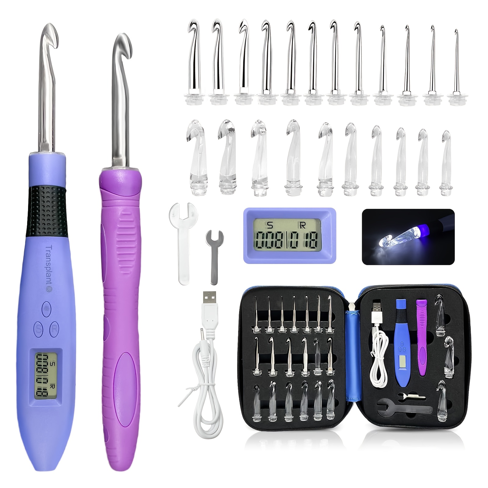 Image of 20-size Light Up Crochet Hook Set With Light Counter, Ergonomic For Arthritic Hands, 2.0-14.0 Mm Interchangeable Hooks, Rechargeable And Beginner-friendly