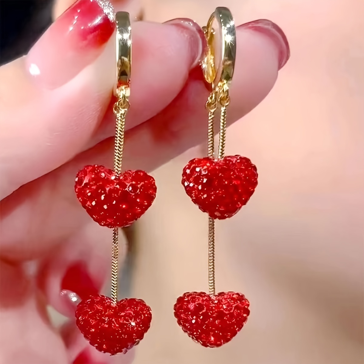 

2pcs Sweet Love Heart-shaped Elegant Alloy Golden Color Rhinestone Women's Pendant Earrings For Daily Vacation