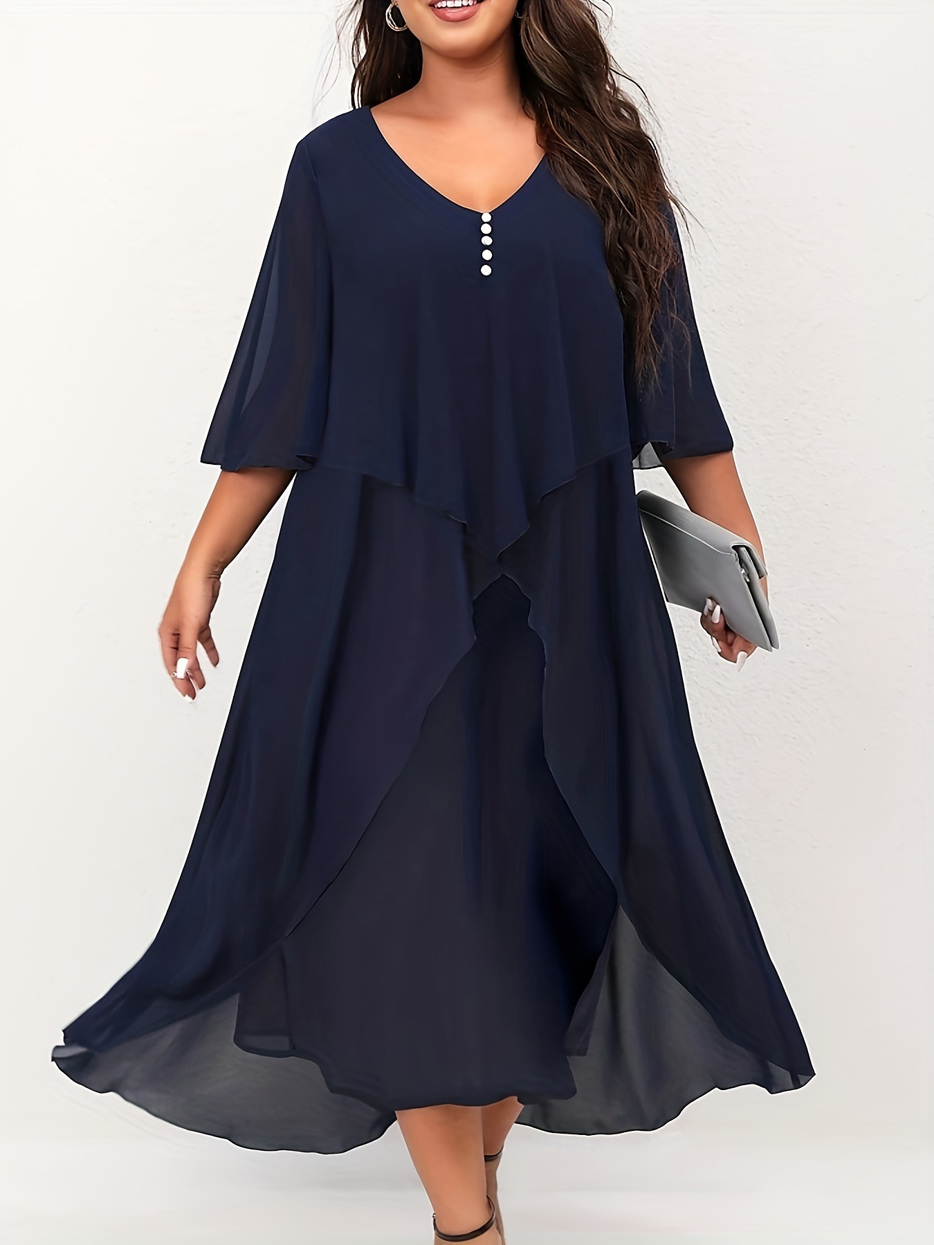 Plus Size Elegant Dress, Women's Plus Solid Button Decor Layered Half  Sleeve Cloak Design * Event Dress