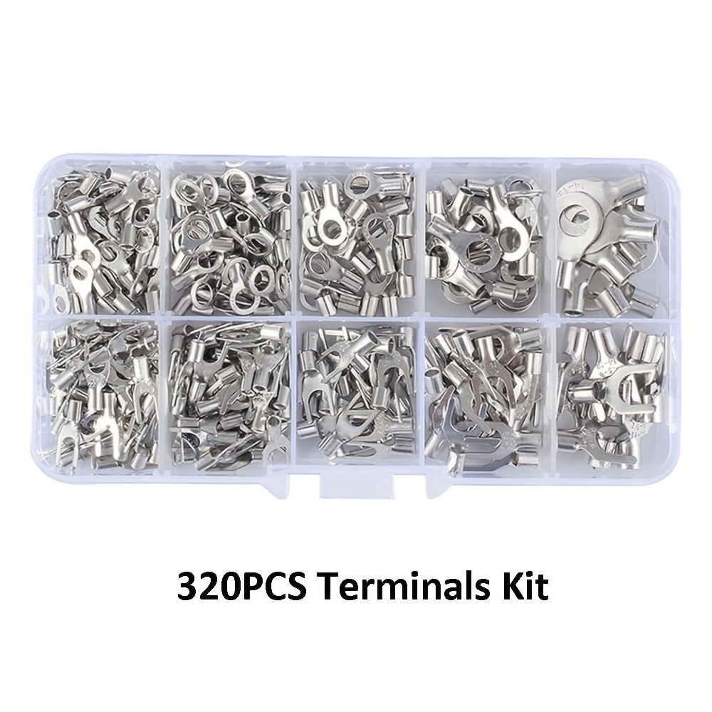 320pcs 10-in-1 Non-insulated Ring Terminals And Fork Connectors Kit Ring -type Female Terminals Wire Crimp Connectors Terminals