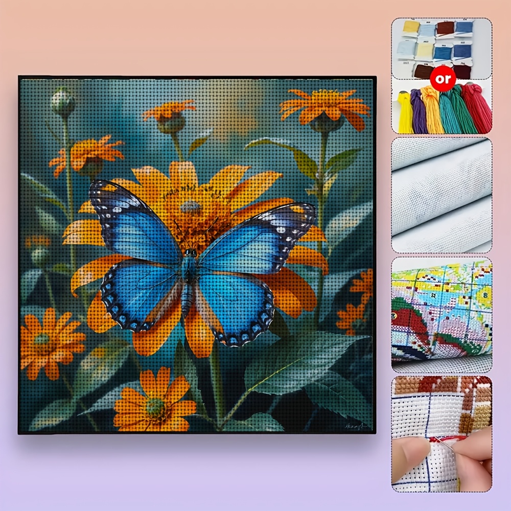 DIY Cross-Stitch Printed Kit, Unframed, Blue Butterfly on Orange Blossom Pattern