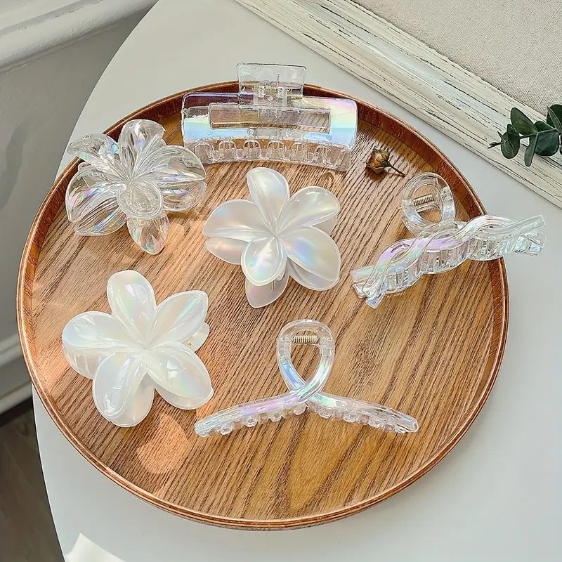 6pcs transparent color hair clips three plumeria combination 6pcs set shark clip transparent color hair clips luxury headdress plumeria hair clips high ponytail clips Product details 0