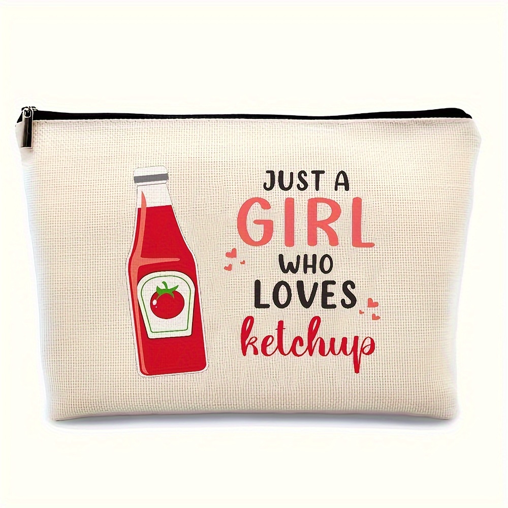 

Linen Cosmetic Bag For Women - Waterproof Unscented Zipper Pouch With Funny Ketchup Theme, Ideal Gift For , Friends, And Family - 1pc