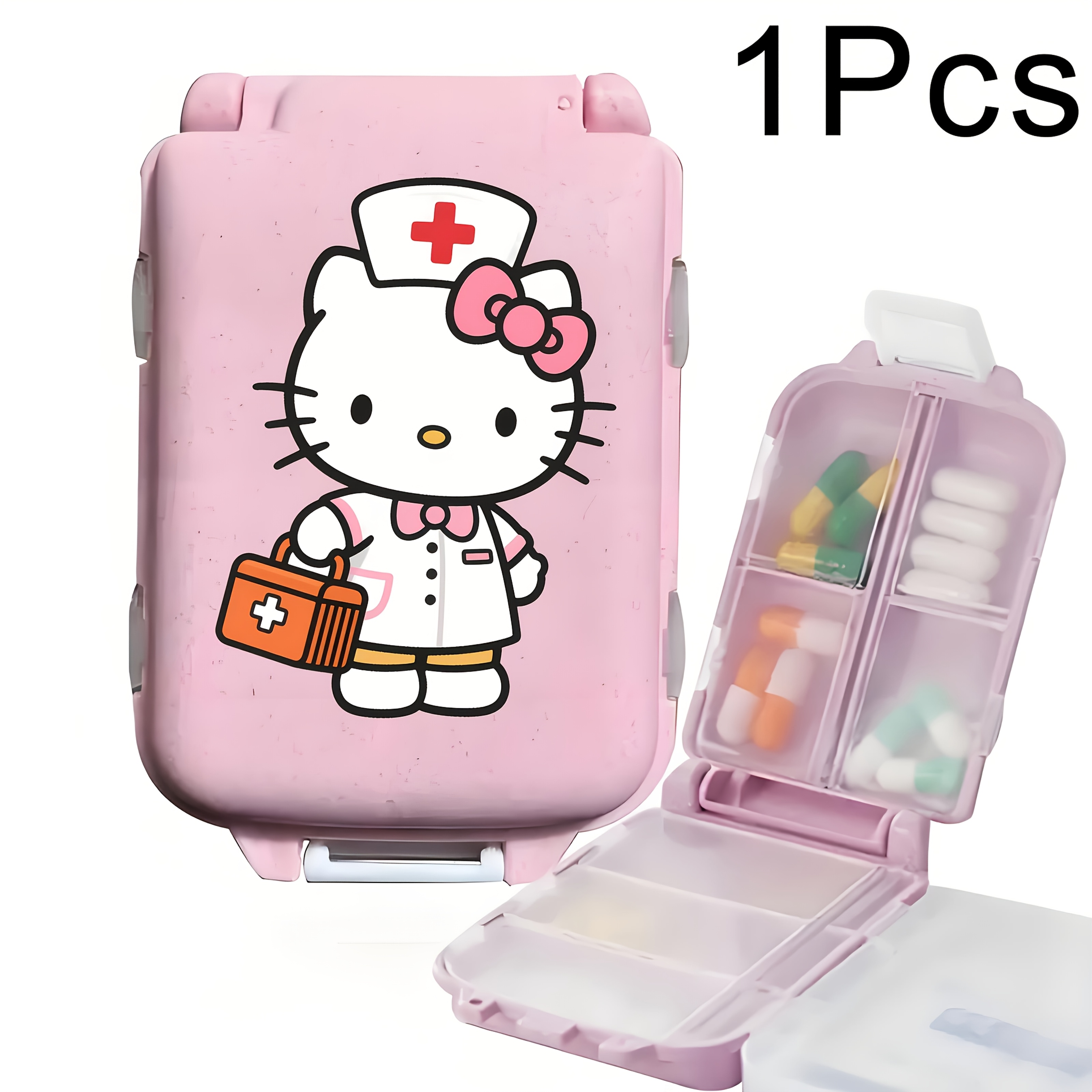 Image of Hello Kitty Portable 3 Tier Compartment Folding Pill Storage Box, Suitable For Medicine Storage Of Pills, Capsules, Daily Use, Pill Storage Box For Personal Use A-yh01-s