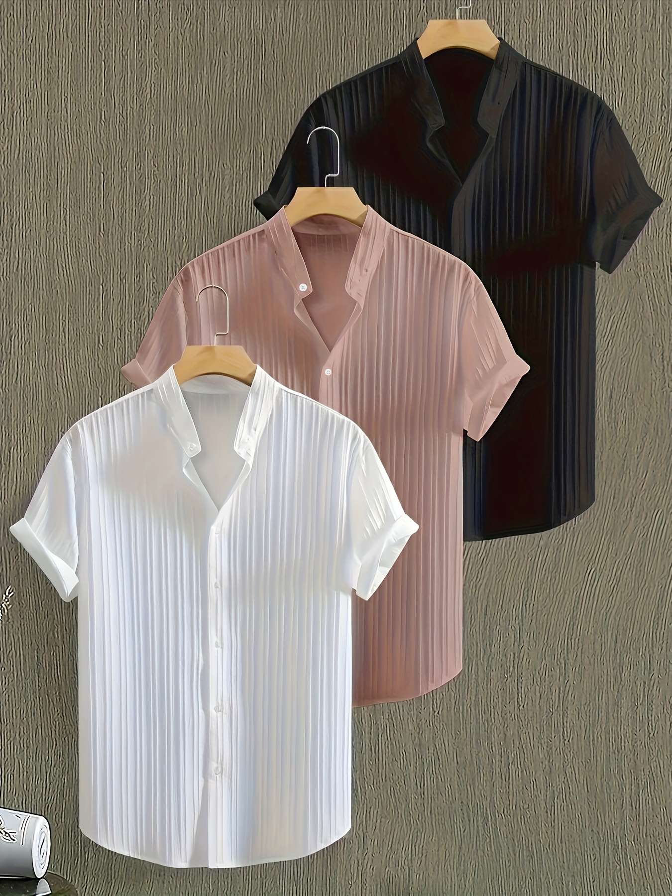 mens 3pcs casual short sleeve button up shirts set solid color stand collar lightweight breathable fabric for office business beach vacation black beige white machine washable summer shirts for men dress shirts for men full sleeve shirts for men casual shirt for men business shirts for men     durable construction professional wear mixed color 0