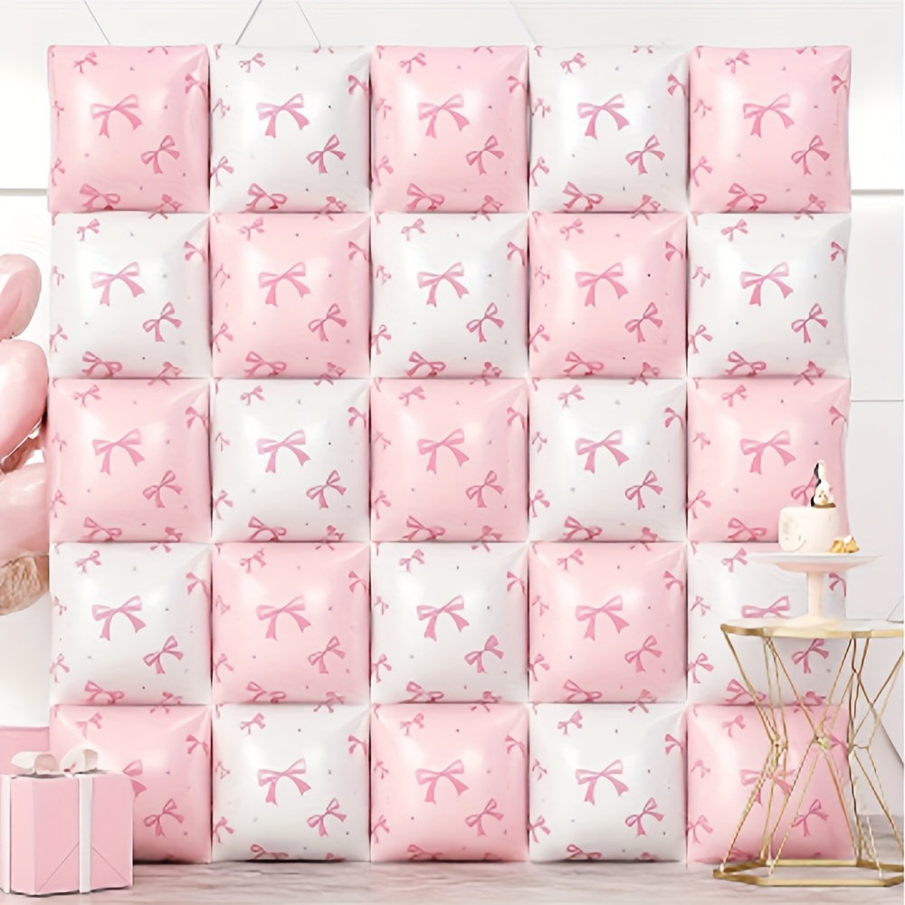 TEMU 25-pack Dual-tone White & Pink Foil Balloons With Sparkling Bead Bow - Square Foil Party Decorations For Birthdays, Weddings, Anniversaries, And