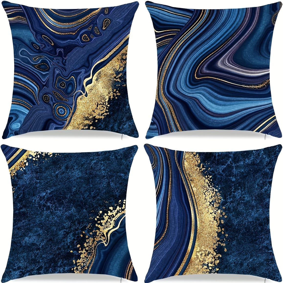 

Set Of 4 Contemporary Throw Pillow Covers 18x18 Inch, Machine Washable Blue And Golden Abstract Pattern, Zippered Polyester Cushion Cases For Various Room Types - Woven Decorative Pillow Shams