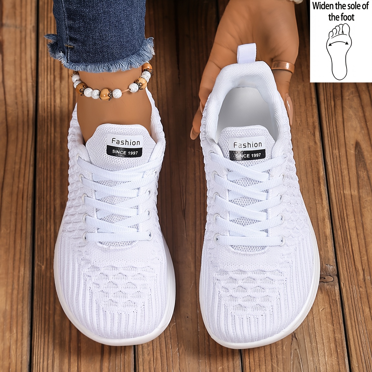 womens plus size wide   shoes with   texture decor breathable knit fabric lightweight tennis shoes versatile for athletic and casual wear
