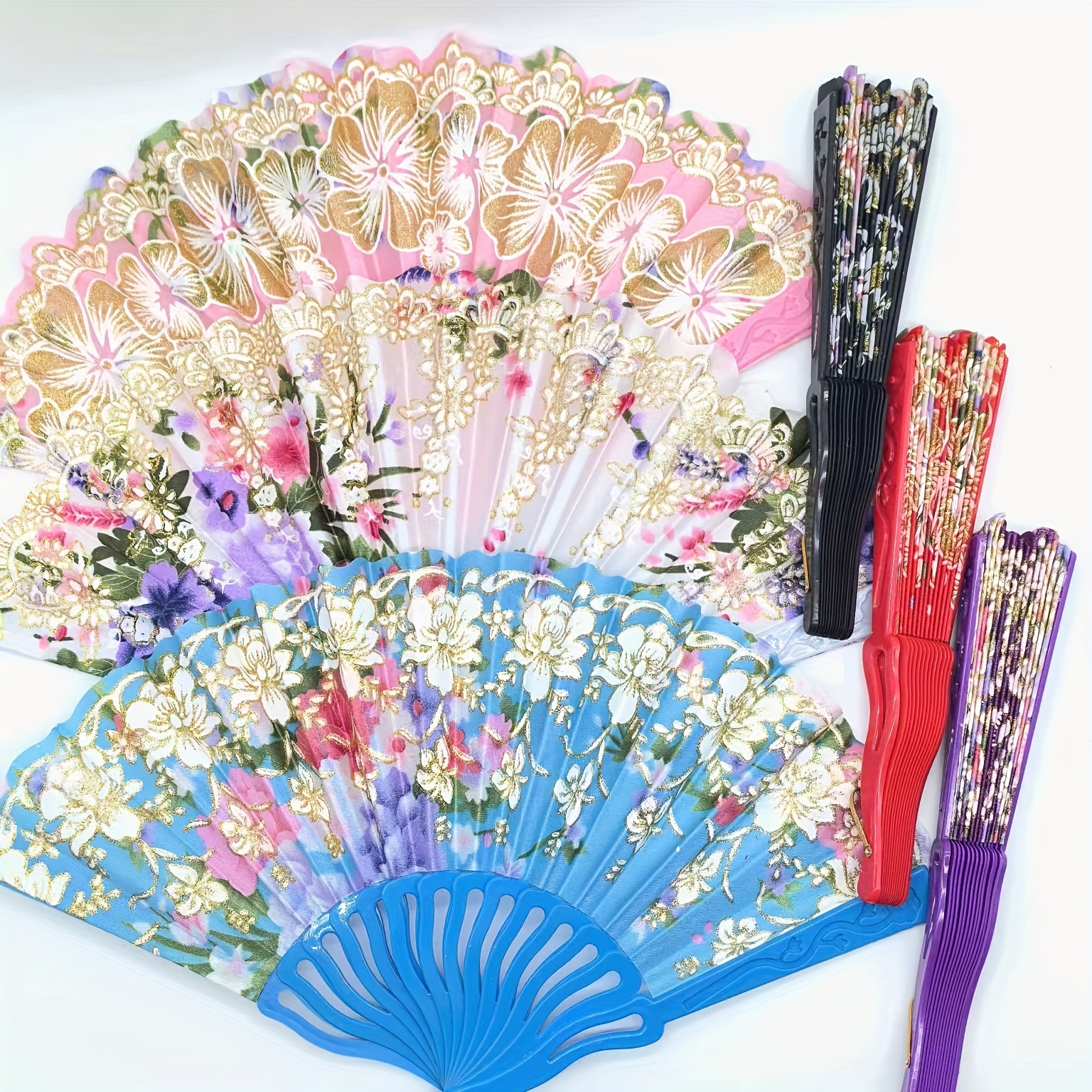 

Elegant Floral Fan Set - 12/6pcs Portable Linen Fabric & Plastic Folding Fans With Golden Glitter Accents, Assorted Patterns