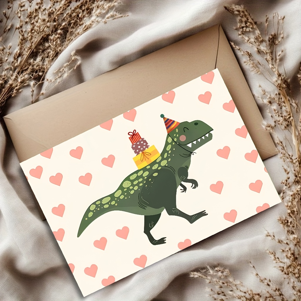 TEMU 1pc Adorable Dinosaur Birthday Card With Envelope, Featuring A Dinosaur Holding A Gift. Perfect For Family, , And Neighbors, Ideal For Special