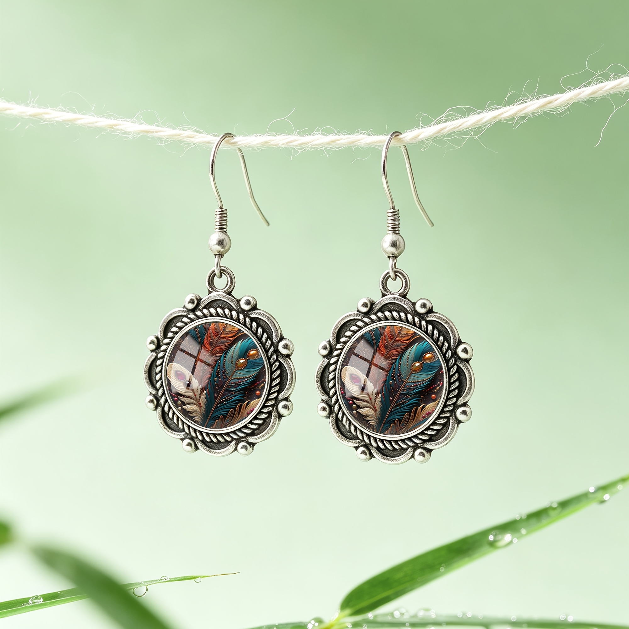 1 Pair Color-Block Feather Pattern Round Glass Scalloped Earrings