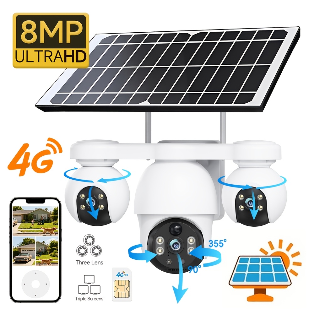 TEMU 8mp Wifi/4g Solar Outdoor Camera With 3 Lenses 3 Screens Security Cameras Support Ptz 360° Pan/tilt Rotation, Pir Human Detection, Audio, Color