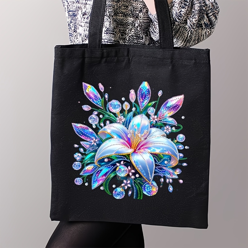 TEMU 1 Set Large 31.5cm X 36.58cm Reusable Canvas Diy Diamond Painting Tote Bag With Blue Floral Pattern & Irregular Diamonds