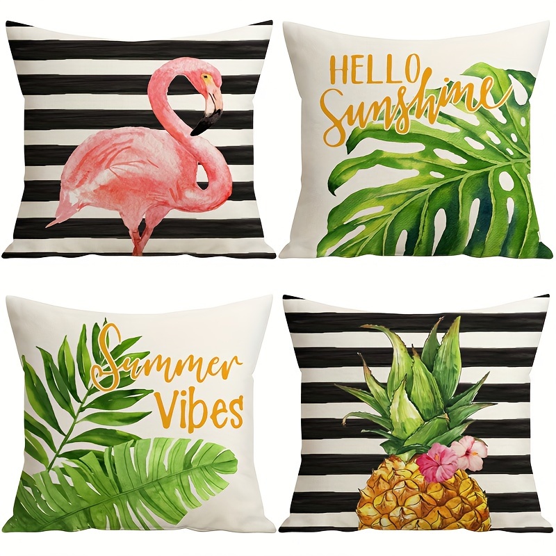 

4pcs, Summer Pillow Covers 18x18 Inch Flamingo Pineapple Throw Pillow Covers Black Stripes Summer Decorations Tropical Plants Cushion Covers For Sofa Couch