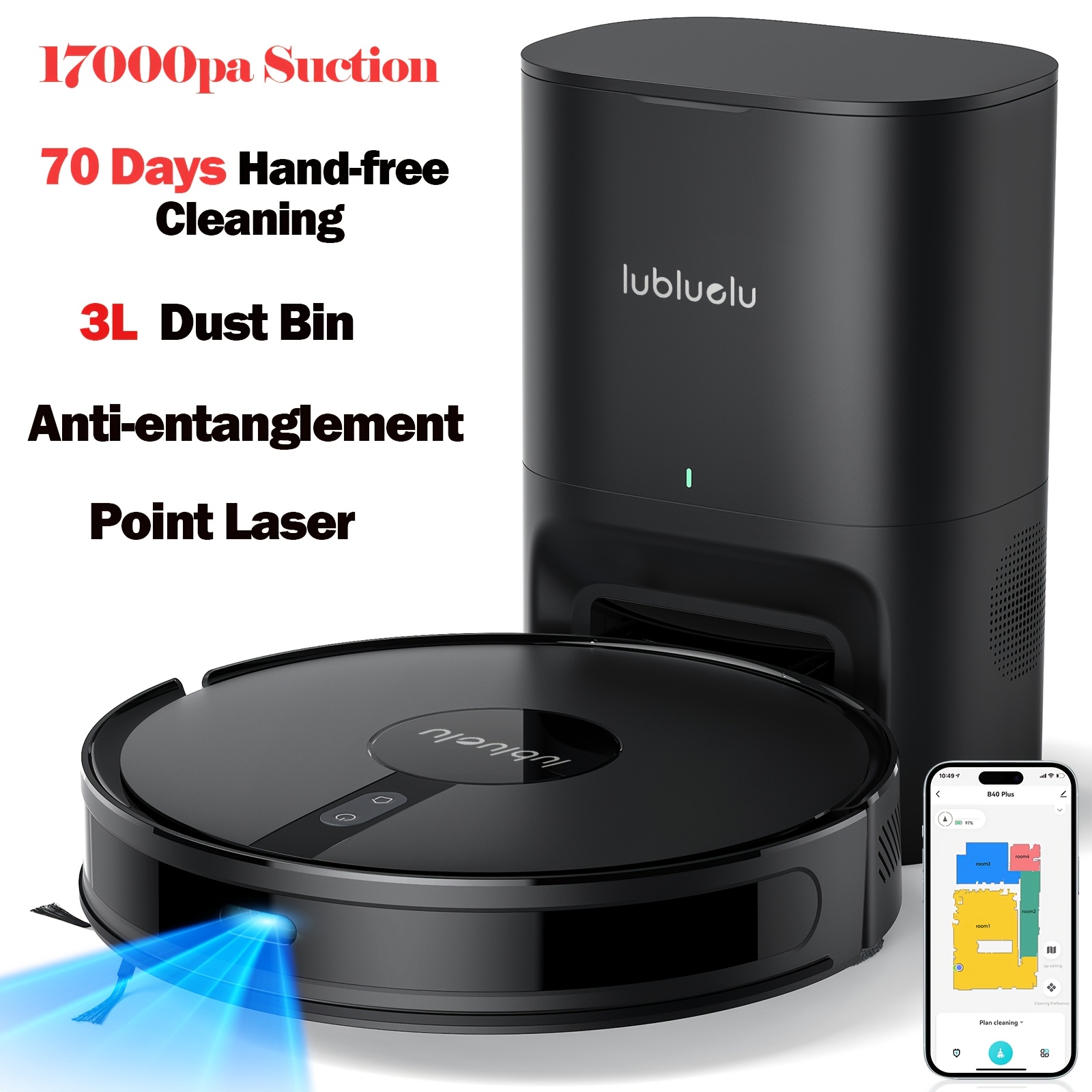 Lubluelu B40 Plus Robot Vacuum And Mop Combo - 17000pa Suction 20s To Collect Dust, Self-emptying, 3-in-1 Cleaning Solution For Pet Hair, Carpets, And Hard Floors With Self-charging Feature