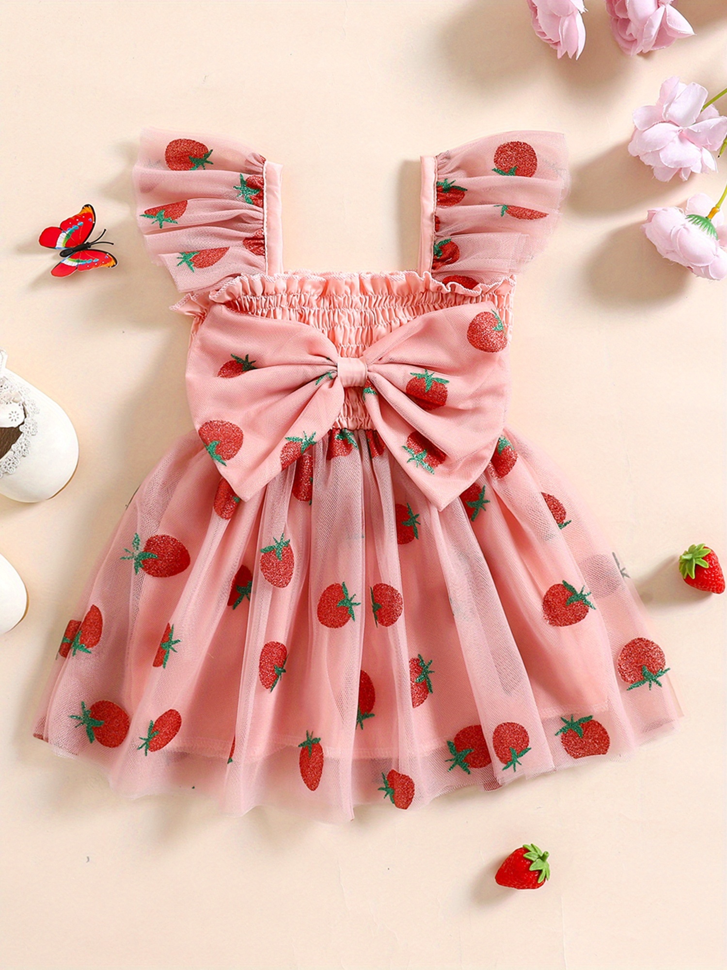 baby girls summer tulle dress strawberry print ruffle sleeve
