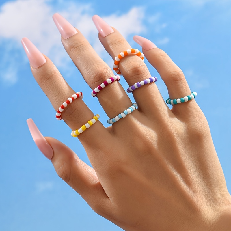 7pcs Cute Woven Candy-Colored Seed Bead Ring Set for Women