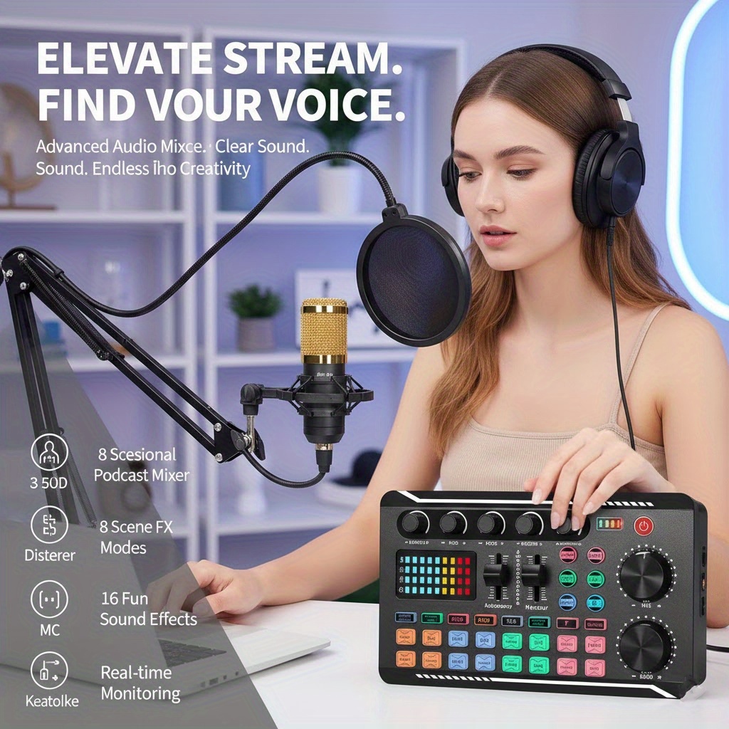 Kit de cartes son pour podcast | Table de mixage DJ avec réglage audio en temps réel, prend en charge le chant et le streaming en direct de jeux, comprend un changeur vocal et des fonctionnalités de réduction de bruit, chargement USB.