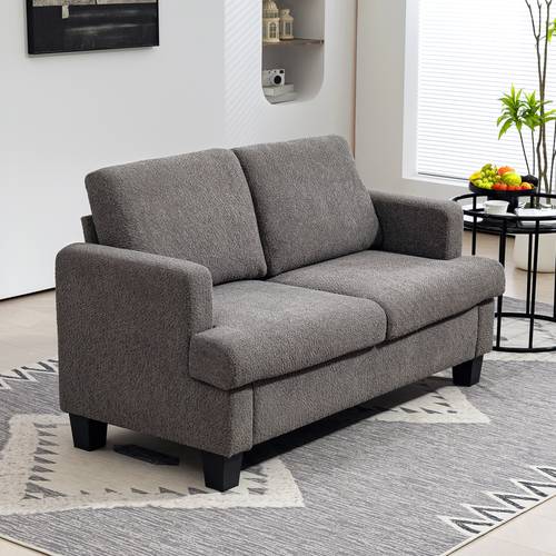 modern compact loveseat sofa with plush cushions dark grey small couch with soft polyester upholstery foam backrest space saving design for apartments living room bedroom easy assembly durable frame no electrical