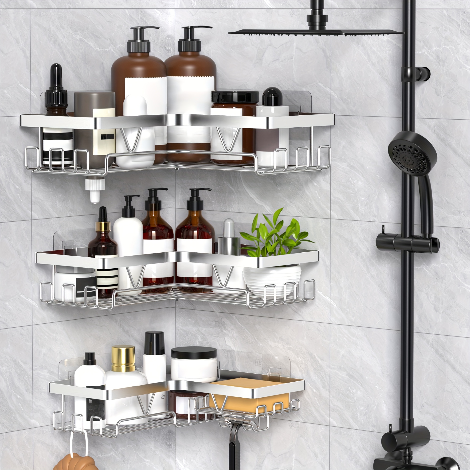 TEMU 3pcs Stainless Steel Corner Shower Rack, No Drilling Adhesive Installation, Shower Storage Space With Soap Holder, Suitable For Bathtub Shower,