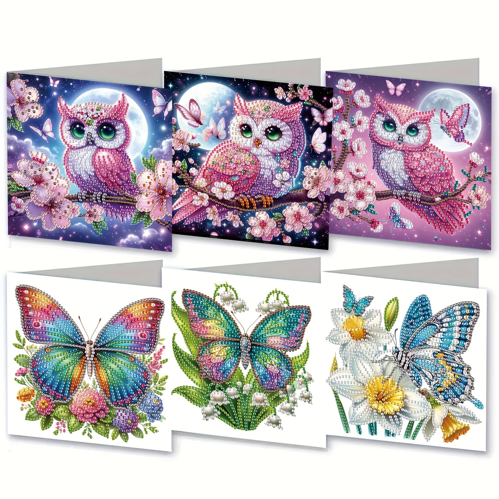 TEMU 6 Diamond Painting Wenskaart Set - Bloem Vlinder Tak Uil om Zegeningen aan Geliefde te Uitdrukken, Feestelijk Verjaardagscadeau Unieke