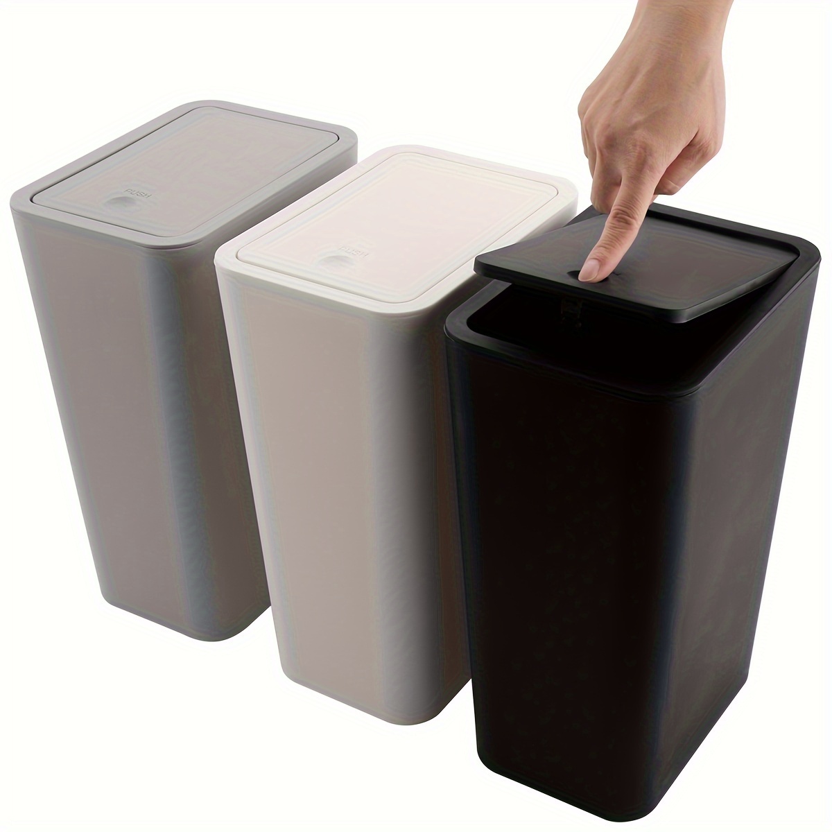 

Slim Fit Trash Can With Lid - Rectangular Plastic Waste Bin For Bathroom, Office, Bedroom, Living Room - In Black, White, And Gray