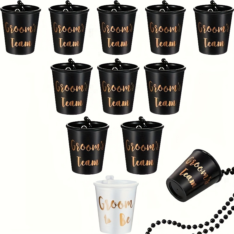 

12pcs Team Groom And Groom To Be Plastic Beaded Shot Glass Necklace Black And White With Gold Foil For Bachelor Party Necklaces (groom Style)