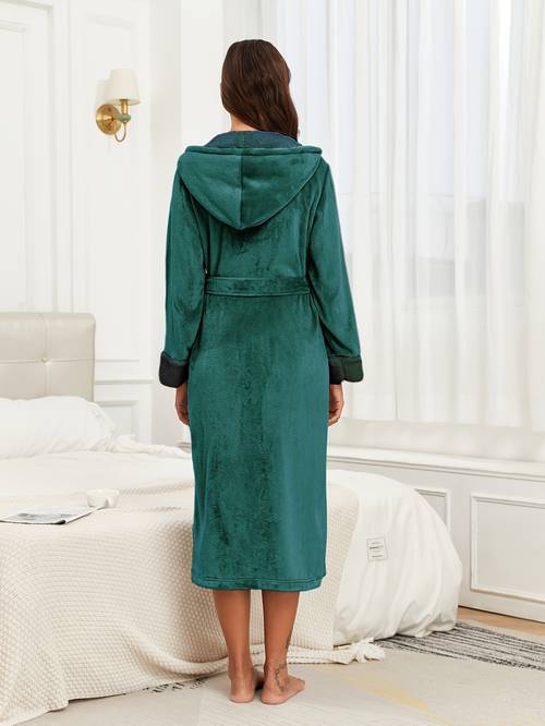 cozy womens flannel hooded bathrobe long sleeve double pockets belted waist warm fleece nightwear for autumn winter grey with contrast trim machine washable