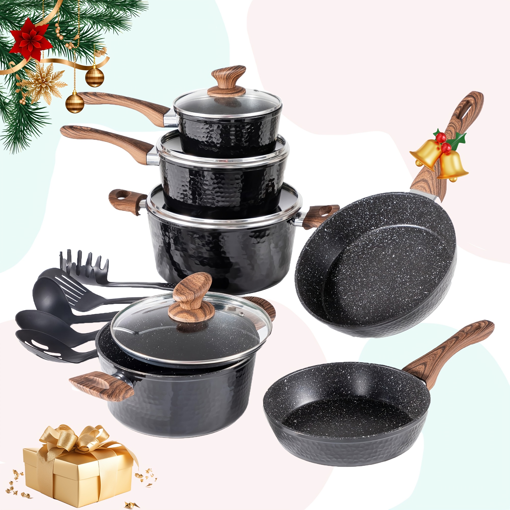 

Induction Cookware Sets - 15pcs Black Cooking Pans Set, Healthy Granite Nonstick Pots And Pans Set