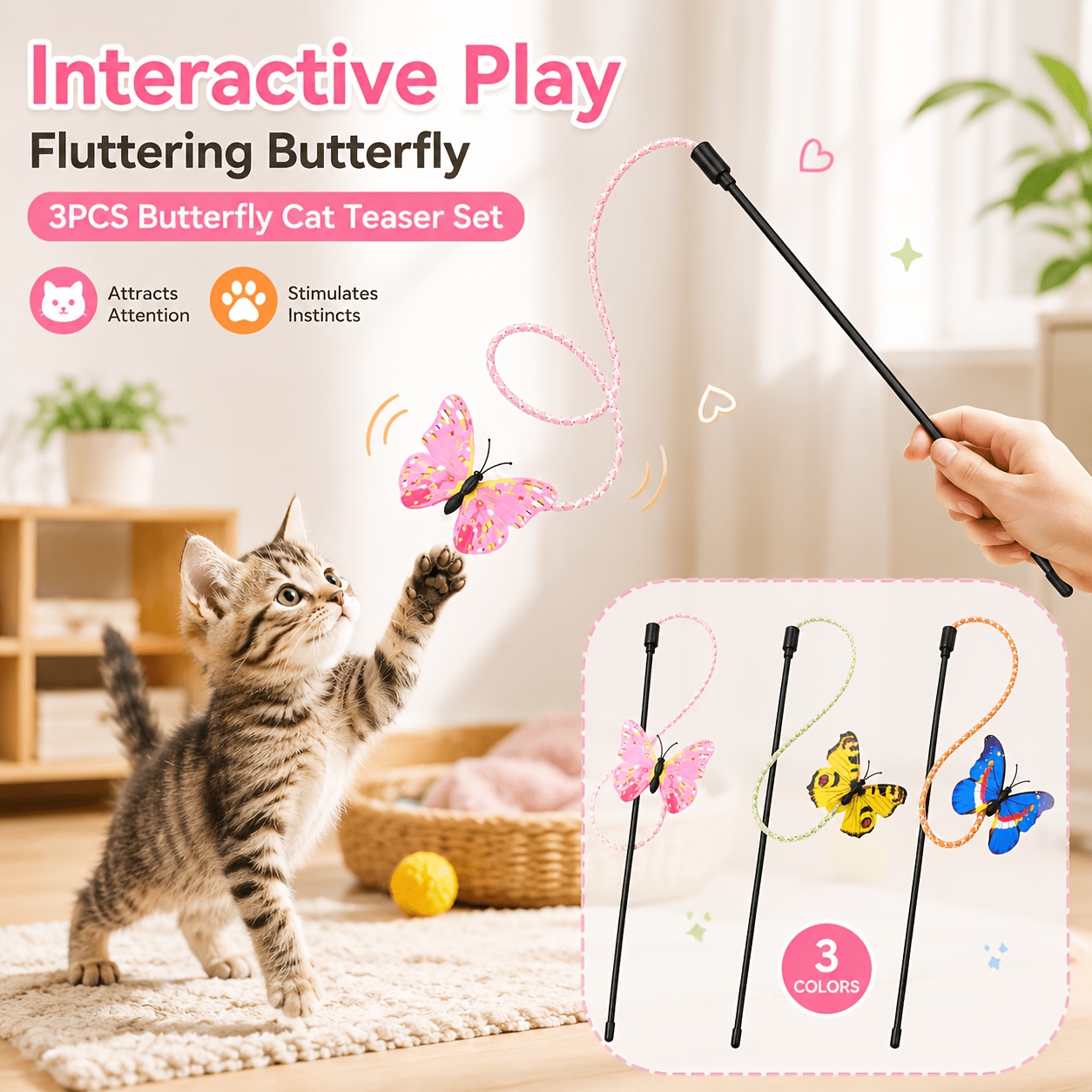 TEMU 3pcs Cat Teaser Wand Set, Interactive Fluttering Cat Toys With Flexible Loop Cord, Colorful Indoor Exercise Play Toy For Kittens And Adult Cats,