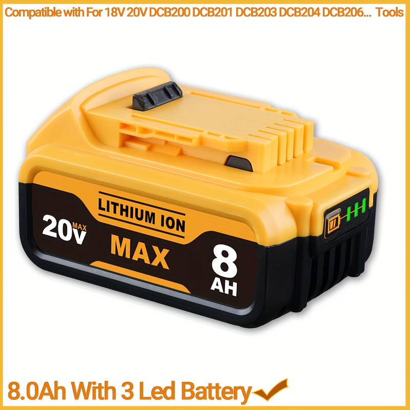 TEMU 1 Pack Dcb200 Del1810 8.0ah 18v (20vmax) Replacement For 18v 20v Lithium Ion Dcb200 Dcb201 Dcb203 Dcb204 Dcb206 Dcb180 Dcb181 Dcb201-2 Dcb200-2
