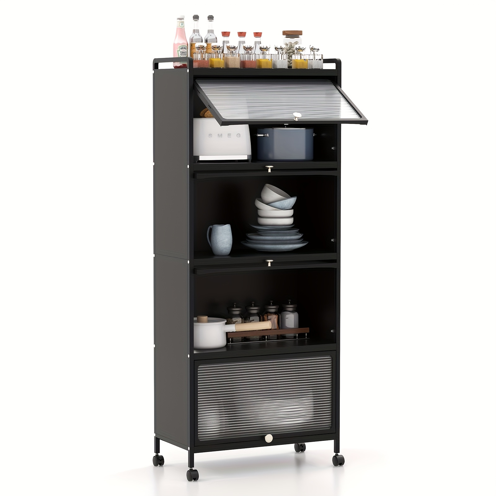 5-tier Kitchen Baker's Rack Storage Cabinet Mobile Microwave Stand Flip-up Doors