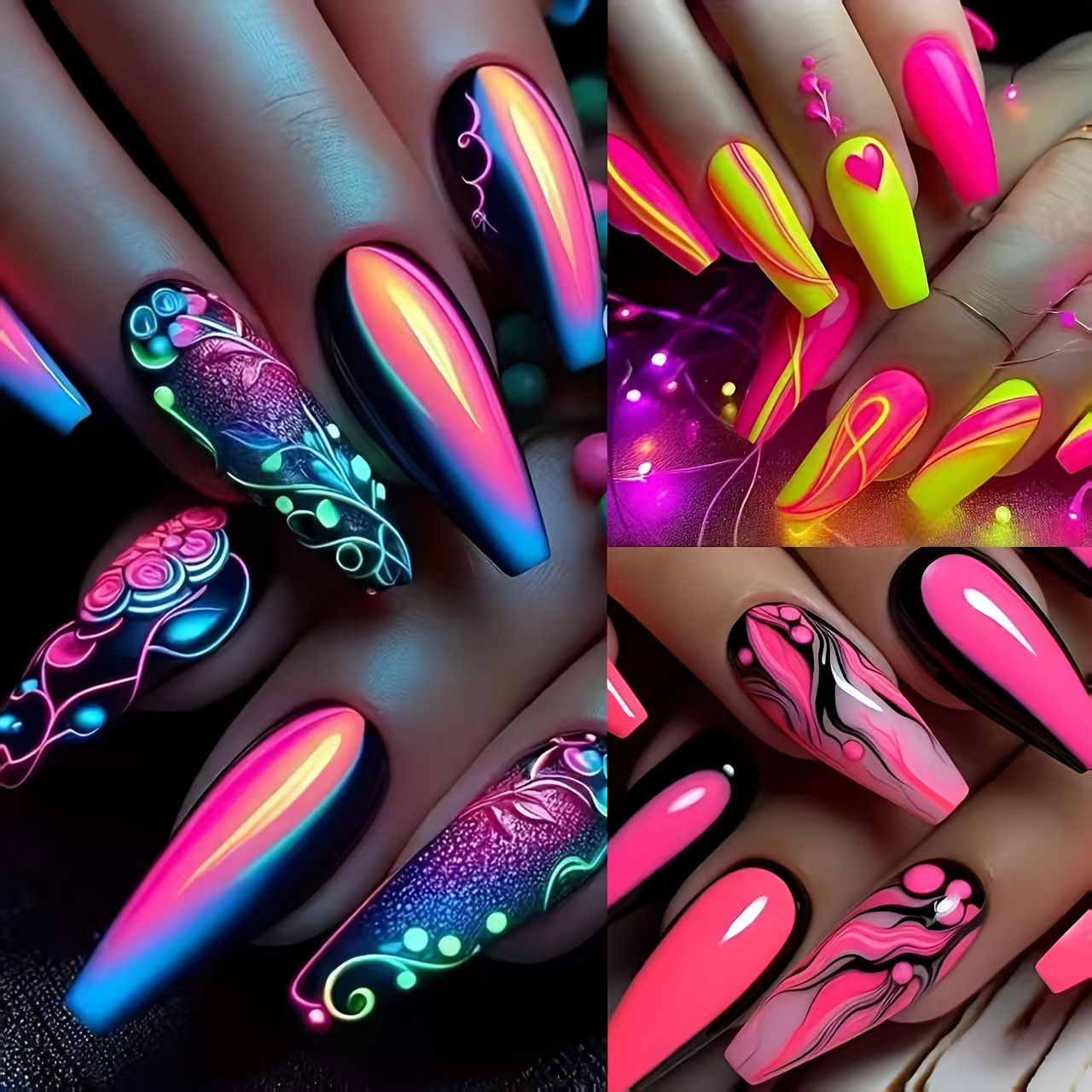 Image of 72pcs Cyberpunk Neon Gradient Fluorescent Contrast Hand-painted Vine Wearable Nails Removable Nail Art False Nails