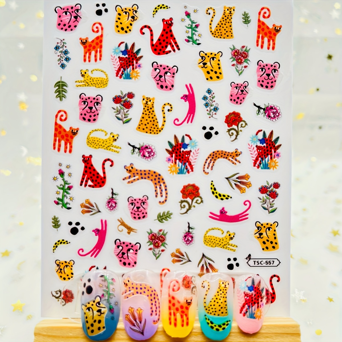 

Cartoon Animal Nail Art - Glitter Jungle Theme, Pre- Plastic Nail Embellishments, Shimmery , Single Use, Irregular Shapes With Leopard Patterns, Unscented - Decorative Nail Art For Diy Manicure