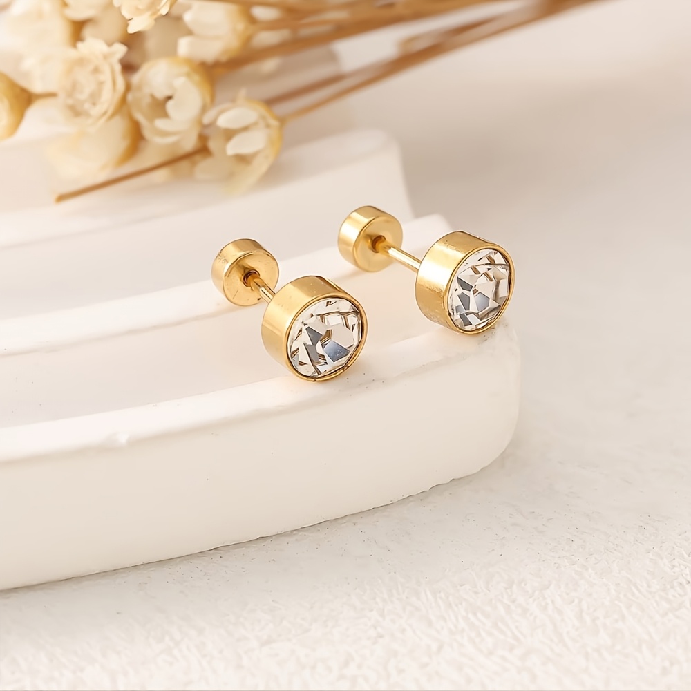 TEMU Pair Of Stud Earrings - 4mm Round Inlaid, Premium Steel Studs - Hypoallergenic, Flat Back Round Washer Screw , Less To Fall Out - Flat Back Stud