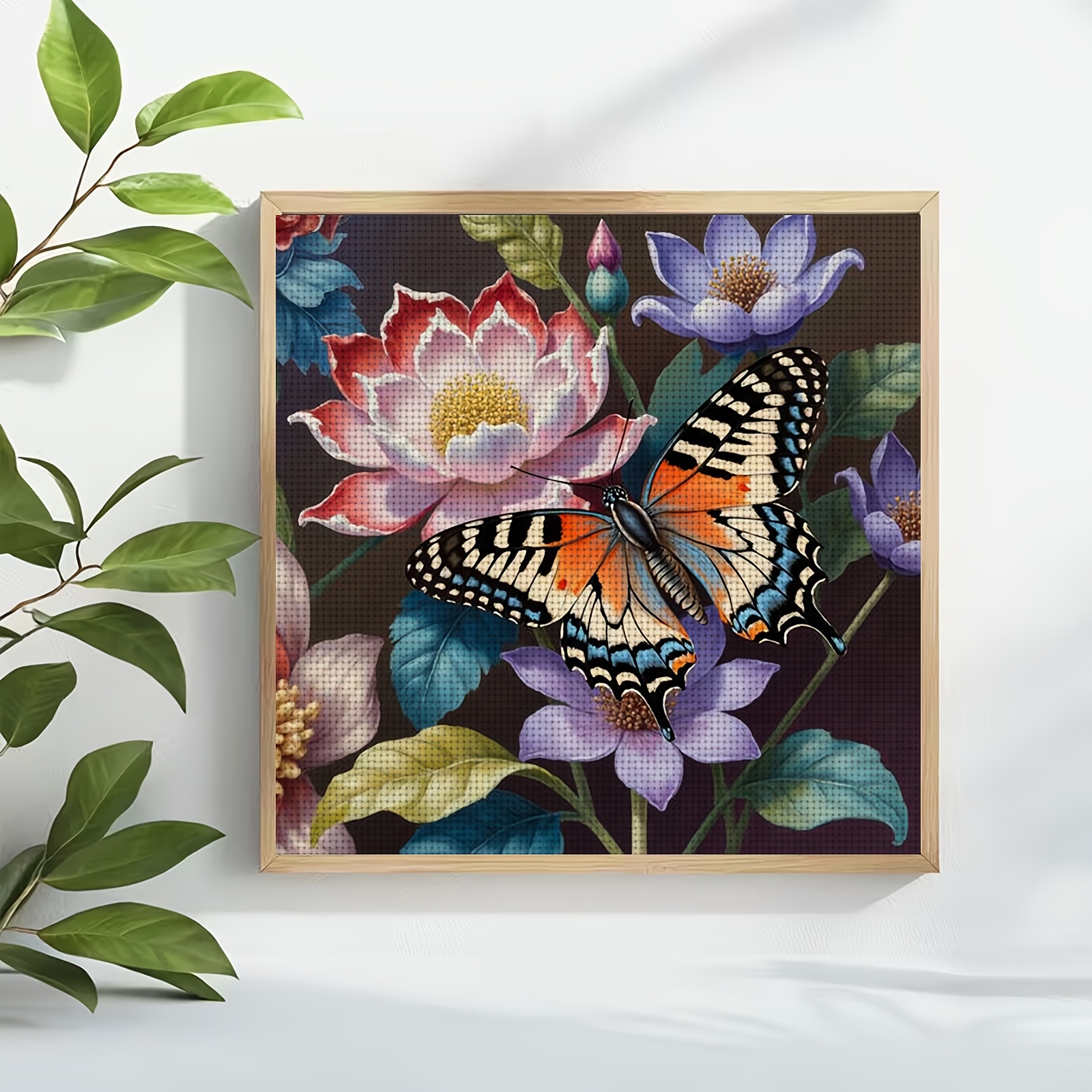 Cross Stitch Kit, Colorful Butterflies Resting on Flowers