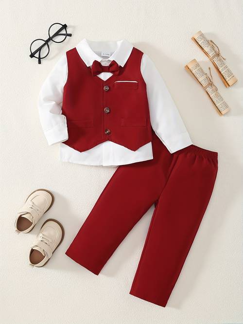 little boys suit with long sleeves red trousers waistcoat three piece evening dress for outdoor