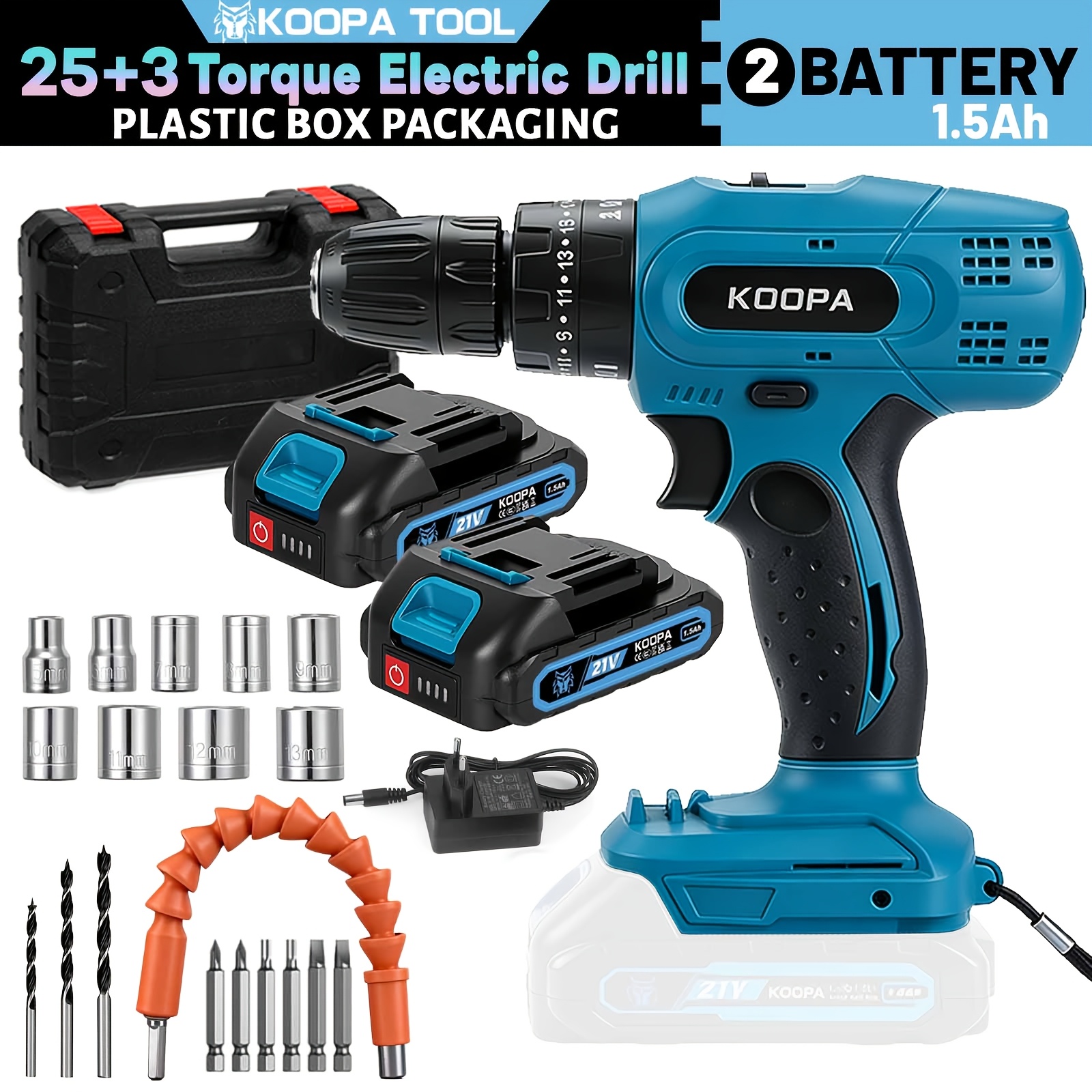 Koopa For Tool Electric Screwdriver, 21v Drill Kit, Torque 25+3 Level Drill Screwdriver Set, Equipped Drill Function And Rechargeable Battery, Suitable For Toolbox For All Daily Home Decoration