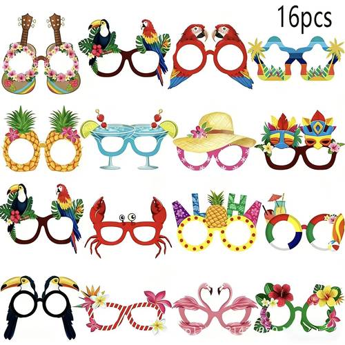 óculos da moda para festa havaiana 16pçs/8pçs, óculos de papel com cartão de e flamingo, óculos da moda divertidos tropicais, adereços de papel para fotos de praia, decoração de papel para de festa de aniversário, óculos da moda para adereços de fotos de festival, decoração de festa